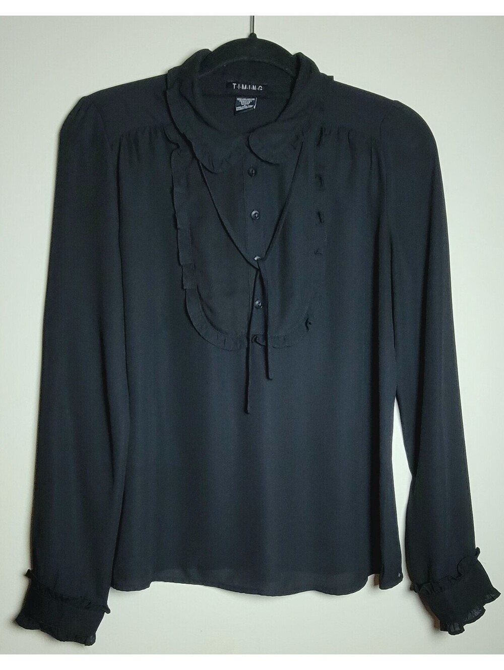 Timing Black Long Sleeve Ruffle Collar Blouse Size L